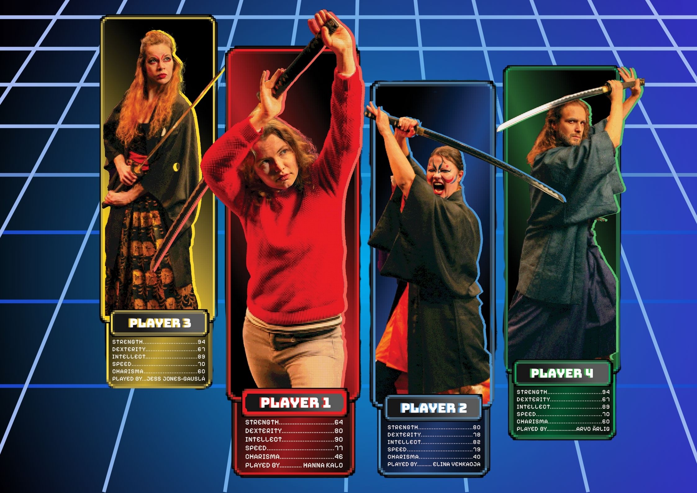 Fyra samurajer avbildade som spelare i ett dataspel poserar med varsitt svärd.