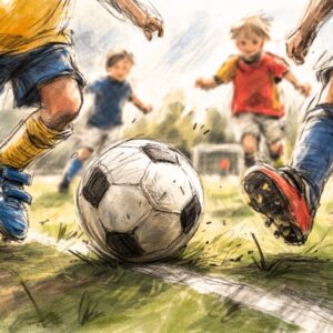 Tecknad AI-bild på barn som spelar fotboll.