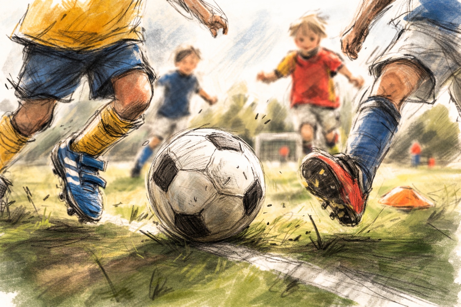 Tecknad AI-bild på barn som spelar fotboll.
