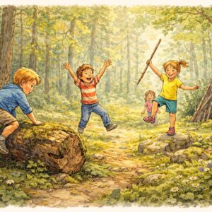 AI genererad illustration av barn som leker i solskenet av ett stycke lummig natur.
