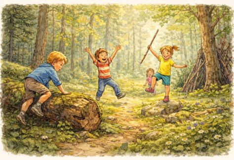 AI genererad illustration av barn som leker i solskenet av ett stycke lummig natur.