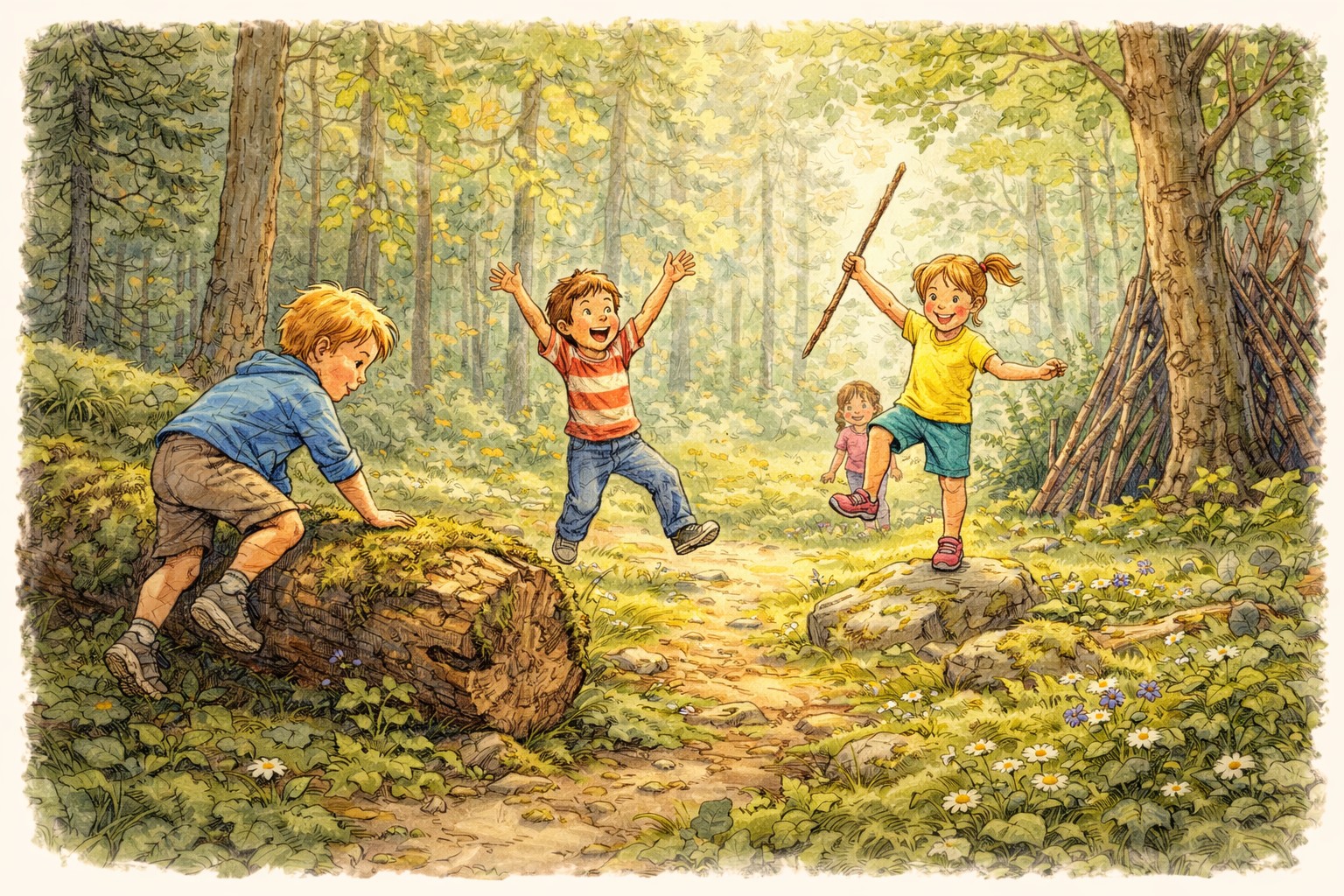 AI genererad illustration av barn som leker i solskenet av ett stycke lummig natur.