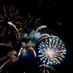 Bild på fyrverkerier i en mörk himmel.