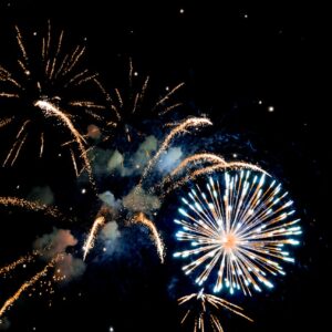 Bild på fyrverkerier i en mörk himmel.