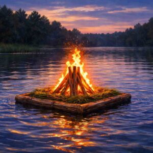 AI-genererad teckning i färg av en liten majbrasa som flyter på en sjö med granskog i bakgrunden.