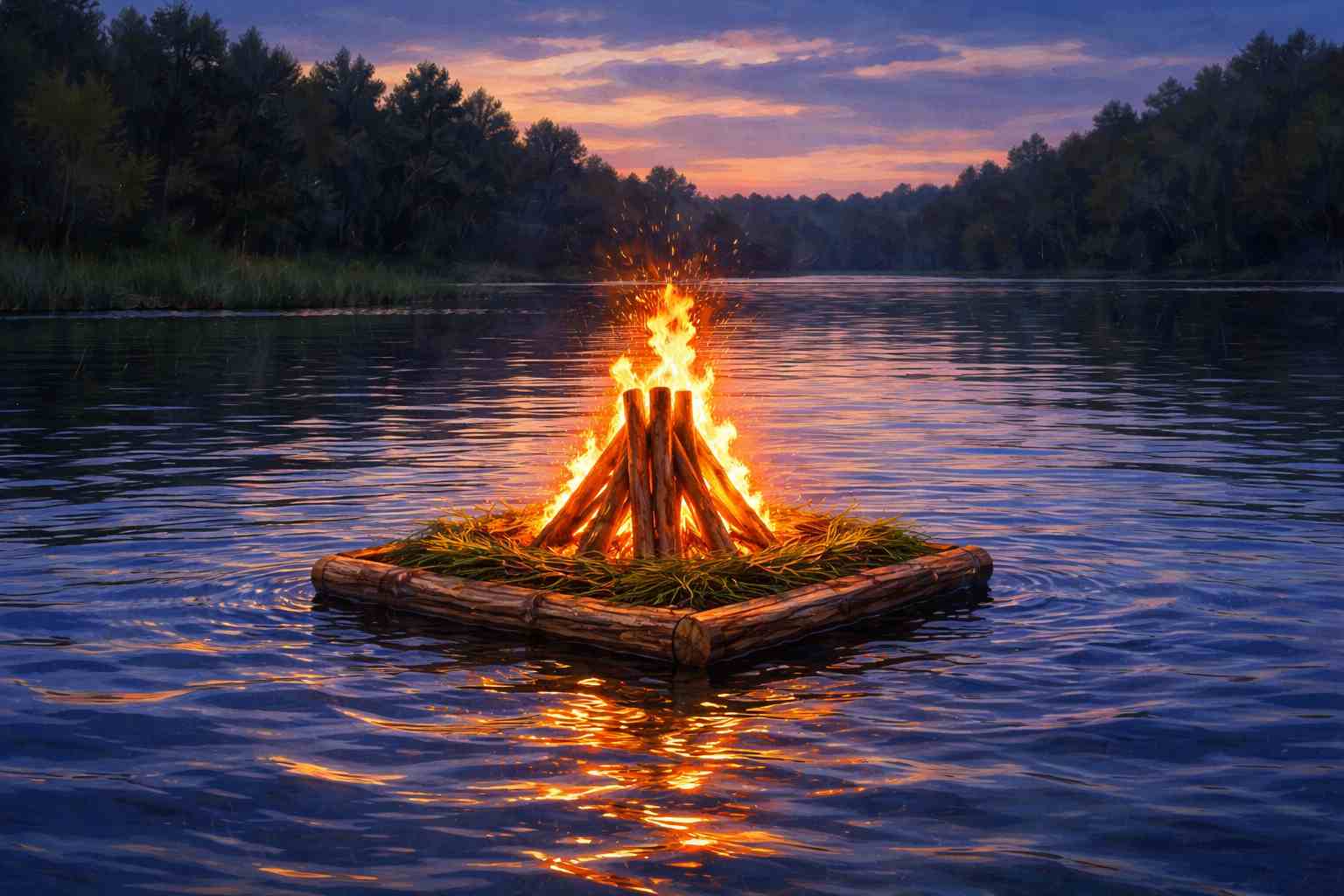 AI-genererad teckning i färg av en liten majbrasa som flyter på en sjö med granskog i bakgrunden.