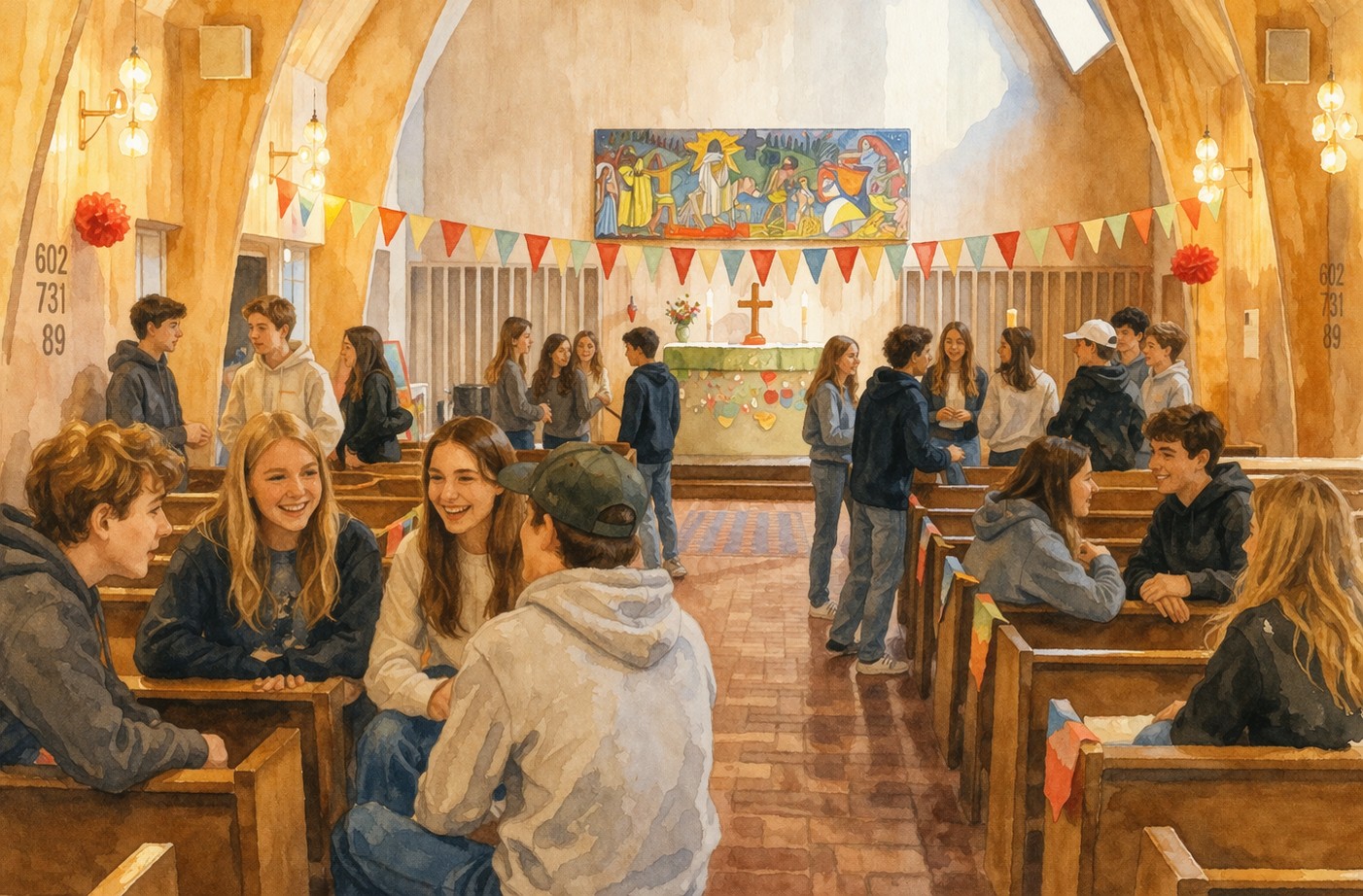 AI genererad akvarell på ungdomar som hänger i Salabackekyrkan.