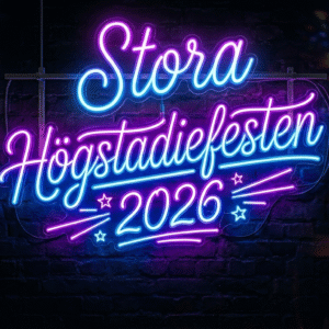 Bild på en neon skylt i blått och lila där det står "Stora högstadiefesten 2026"