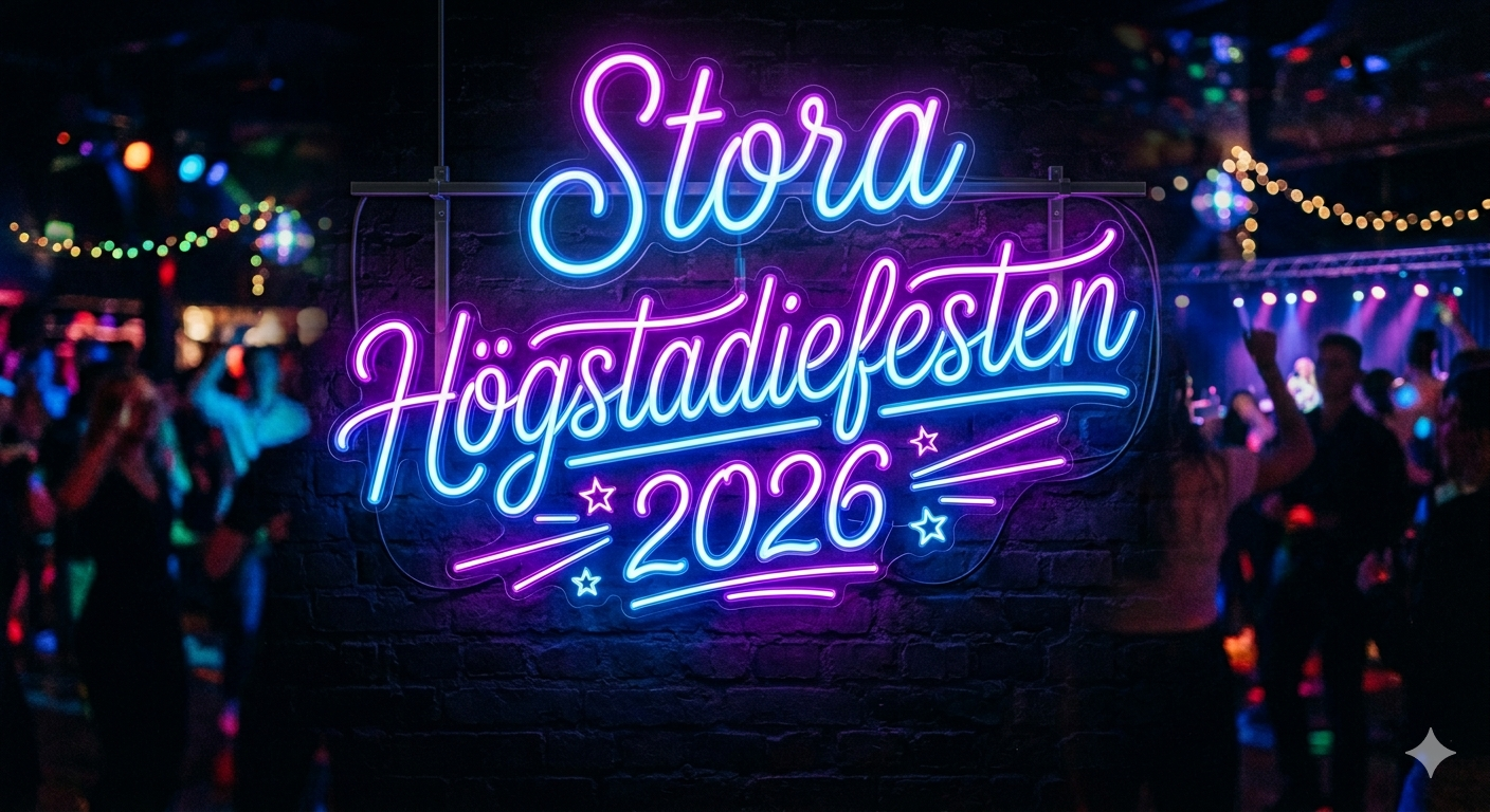 Bild på en neon skylt i blått och lila där det står "Stora högstadiefesten 2026"