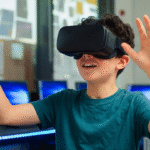 Bild på ett barn som har VR glasögon på sig och har händerna uppe.