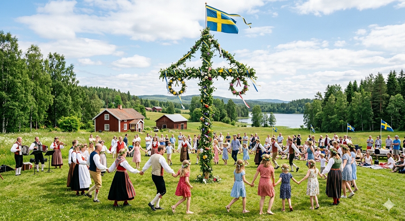 Midsommarfirande med dans kring stång.