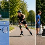 AI-skapat fotokollage som visar tennisspelare, inlines-åkare och spelare av jätteschack.