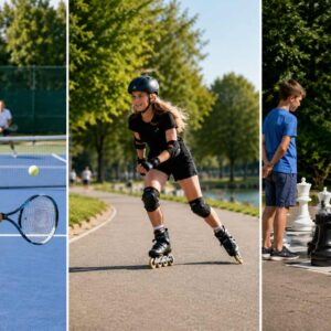 AI-skapat fotokollage som visar tennisspelare, inlines-åkare och spelare av jätteschack.