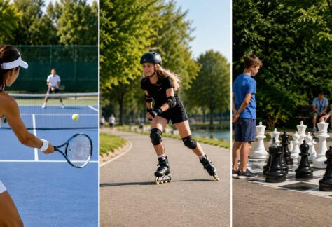 AI-skapat fotokollage som visar tennisspelare, inlines-åkare och spelare av jätteschack.