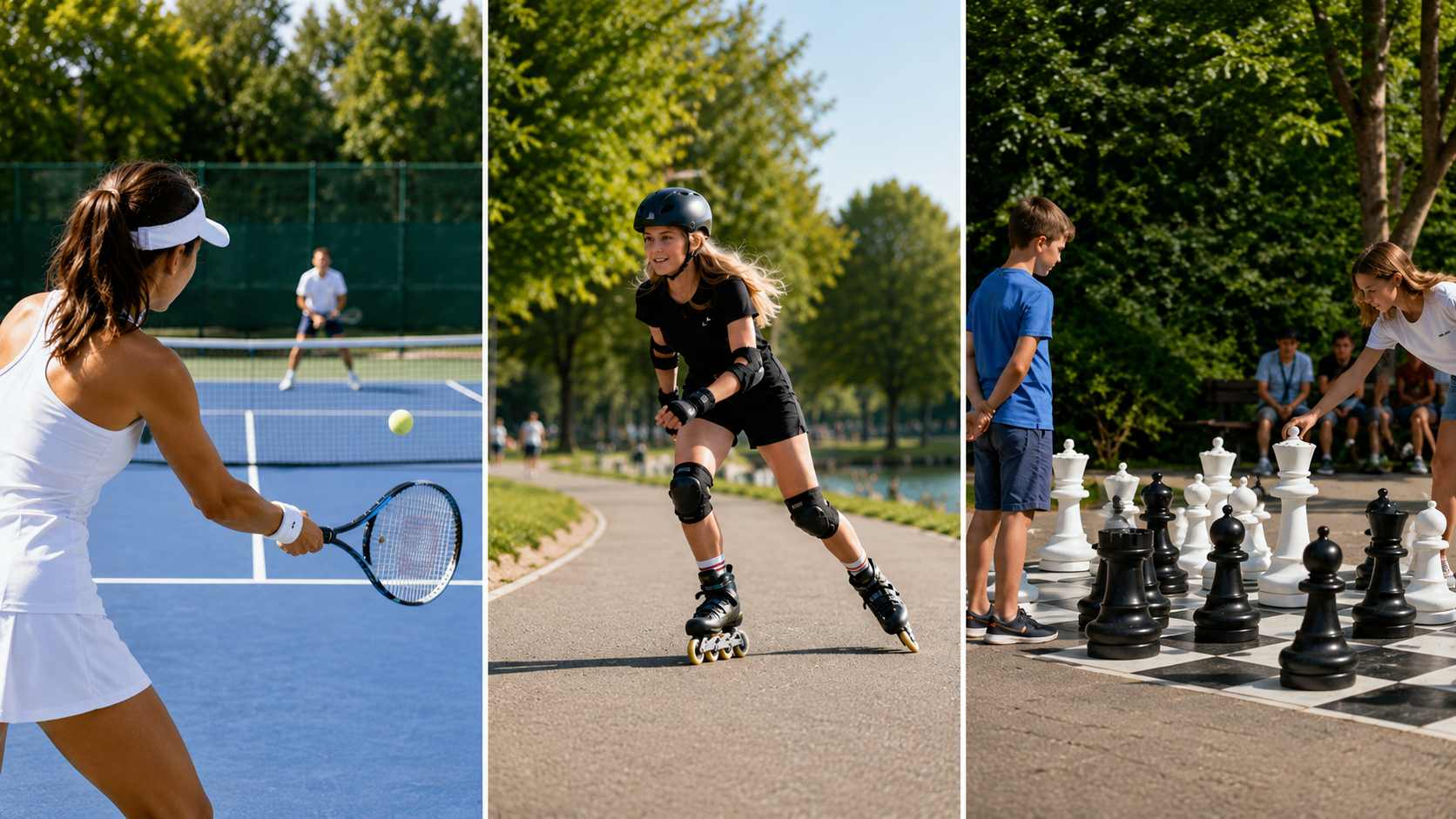 AI-skapat fotokollage som visar tennisspelare, inlines-åkare och spelare av jätteschack.