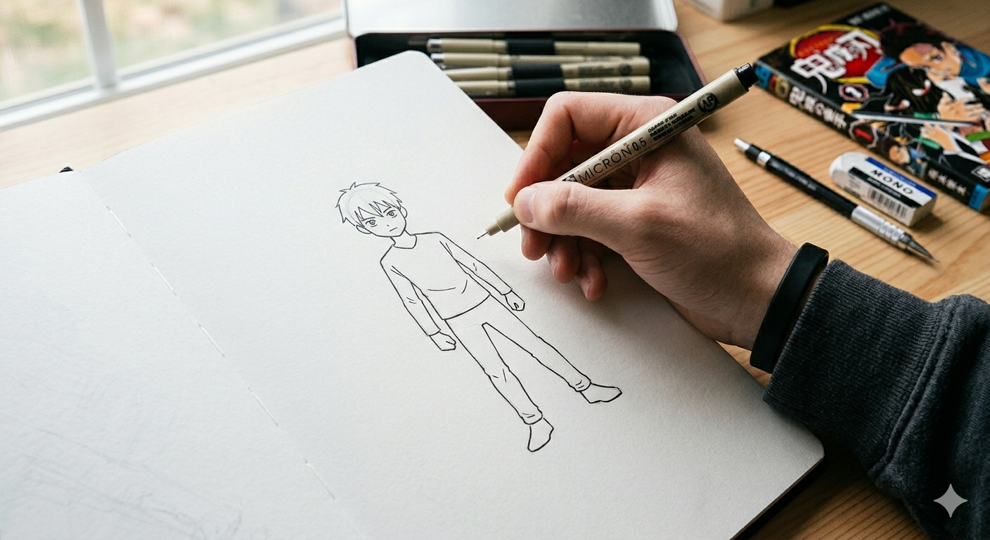 Bild på en hand som skissar på en manga teckning.