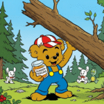 Bild på björnen Bamse som håller i dunderhonung och ett stort träd i skogen.