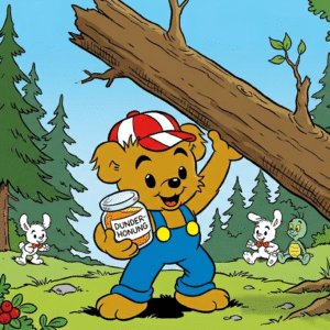 Bild på björnen Bamse som håller i dunderhonung och ett stort träd i skogen.