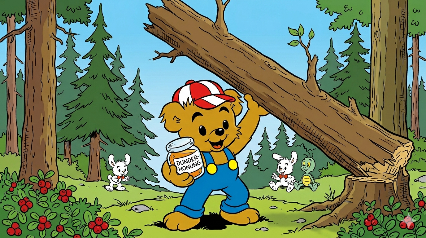 Bild på björnen Bamse som håller i dunderhonung och ett stort träd i skogen.