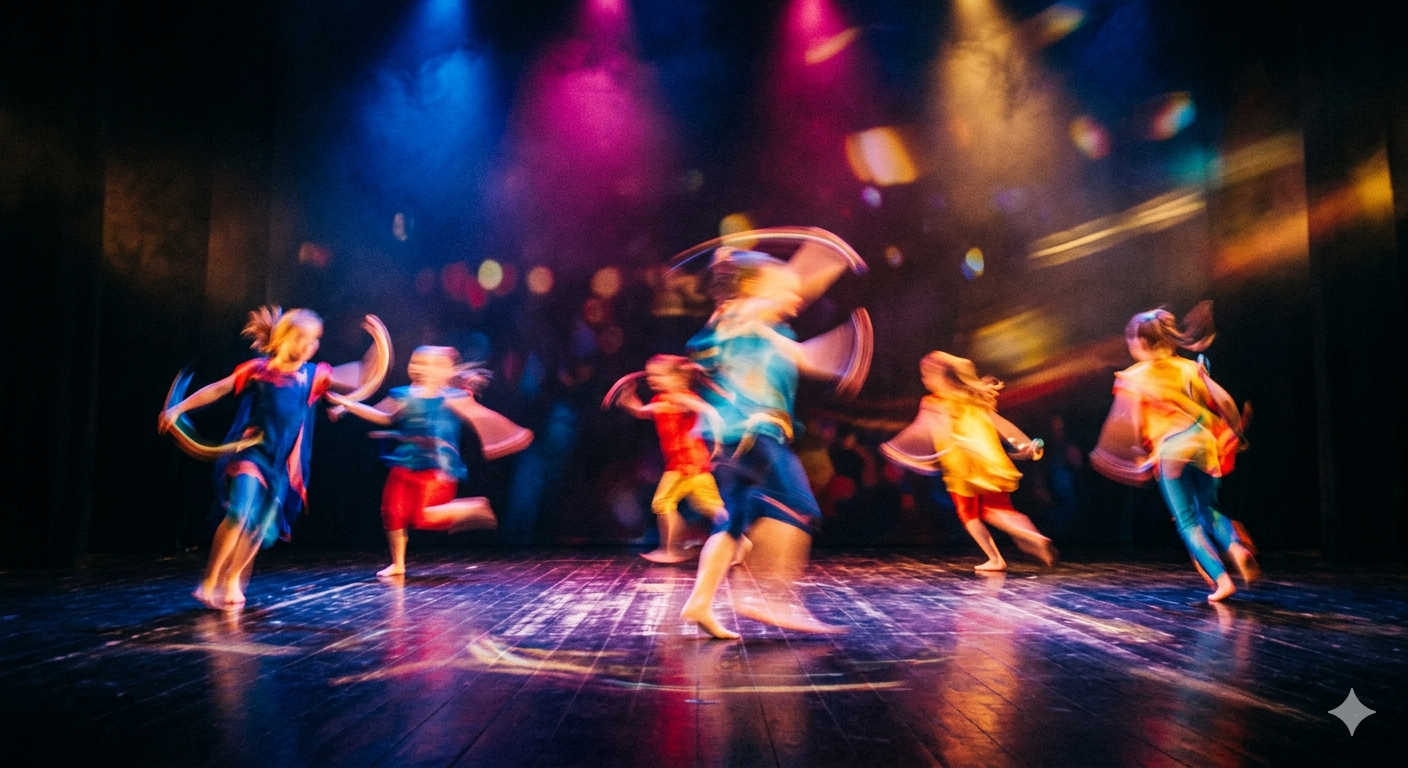 Bild på barn som dansar på en scen. Lampor i blå, lila, gul lyser på scenen.