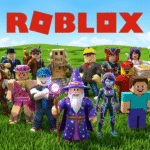Animerad bild på Roblox figurer som står utomhus på gräs under en blå himmel.