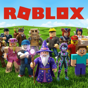 Animerad bild på Roblox figurer som står utomhus på gräs under en blå himmel.
