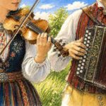 AI-skapad teckning av två musikanter som spelar fiol och dragspel i folkdräkt.
