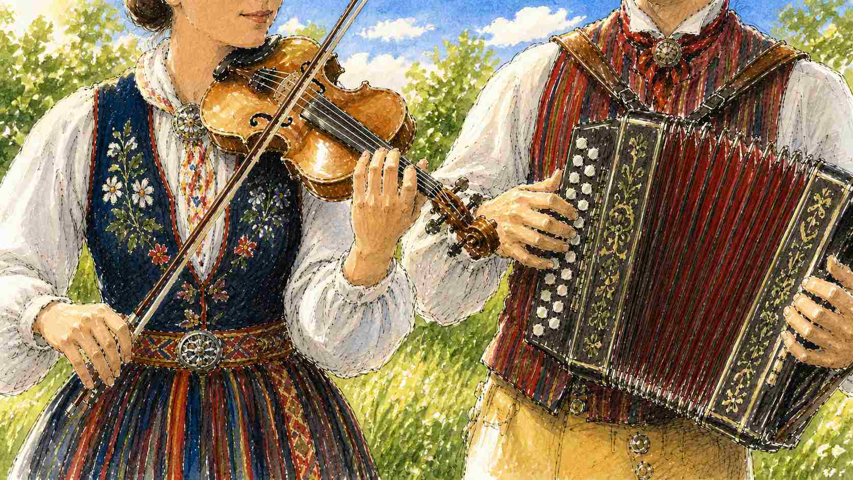 AI-skapad teckning av två musikanter som spelar fiol och dragspel i folkdräkt.
