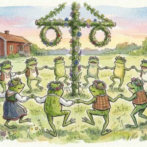 AI-skapad teckning föreställande grodor som dansar kring en midsommarstång