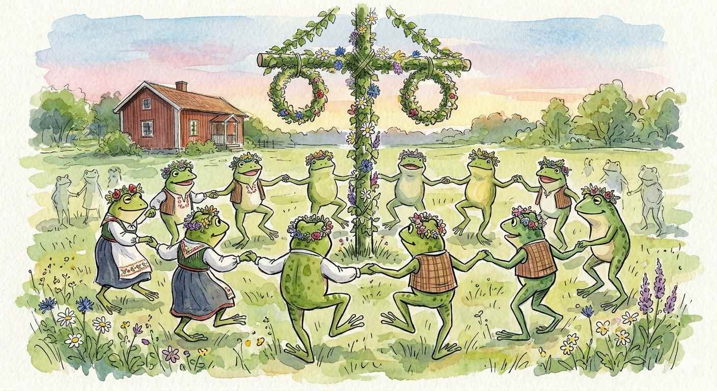 AI-skapad teckning föreställande grodor som dansar kring en midsommarstång