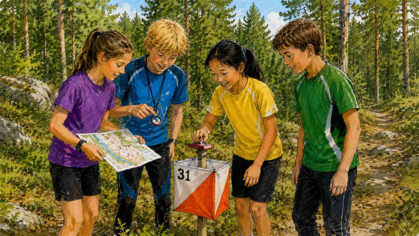 AI-skapad färgskiss av barn som står vid en orienteringskontroll i skogen.