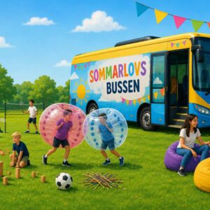 AI-genererad bild av de aktiviteter som Sommarlovsbussen erbjuder. Bla fotboll, kubb och bubbleballs.
