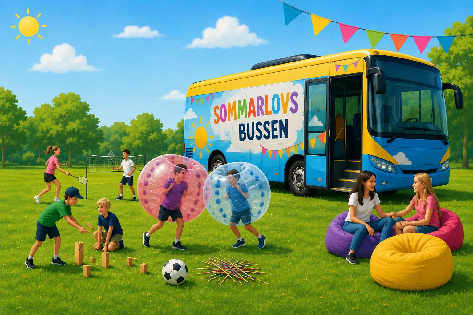 AI-genererad bild av de aktiviteter som Sommarlovsbussen erbjuder. Bla fotboll, kubb och bubbleballs.
