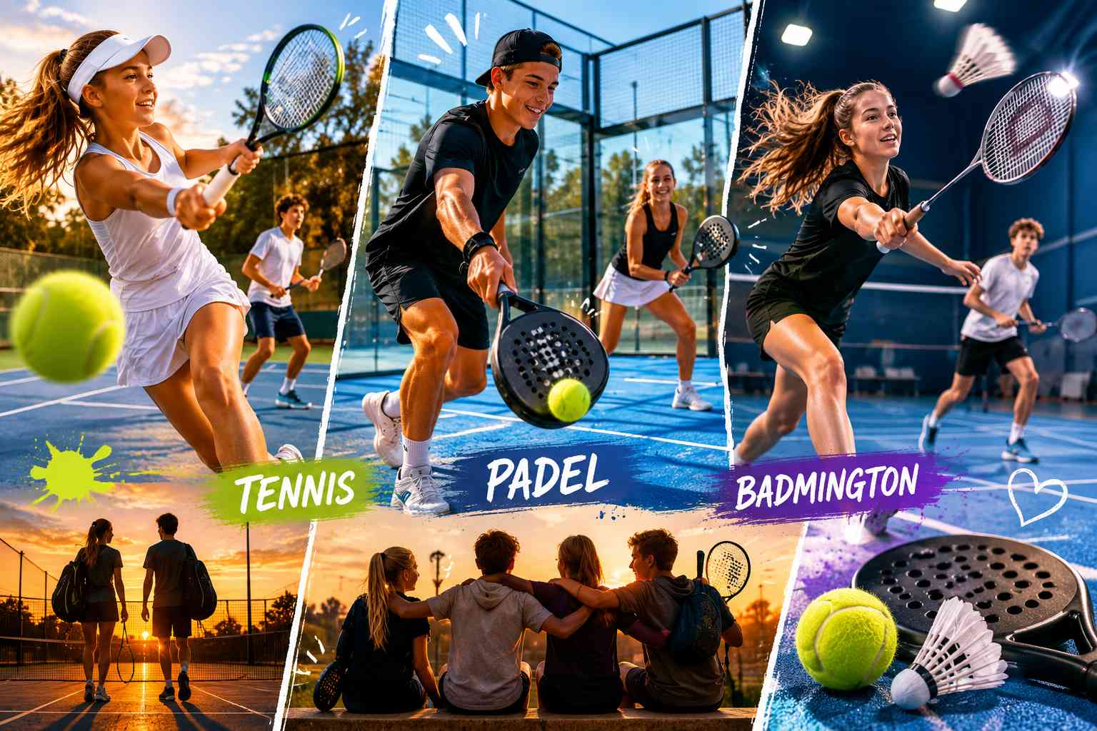 AI-skapat kollage som visar ungdomar spelande tennis, padel och badminton.