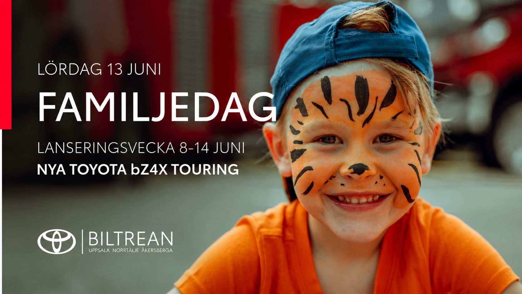 Foto av barn med ansiktsmålning. Texten på bilden lyder Familjedag Biltrean.