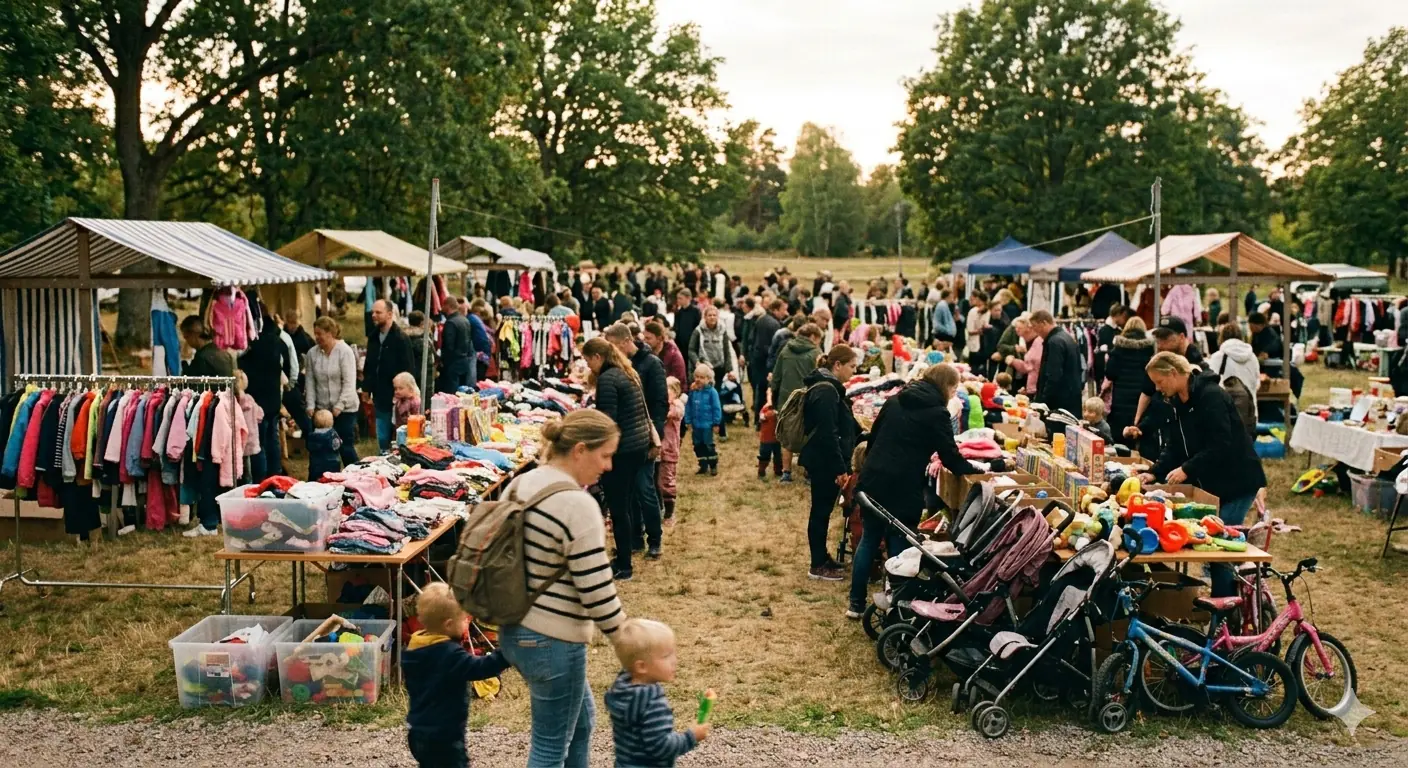 Stor loppis utomhus med människor som tittar på kläder och andra prylar.