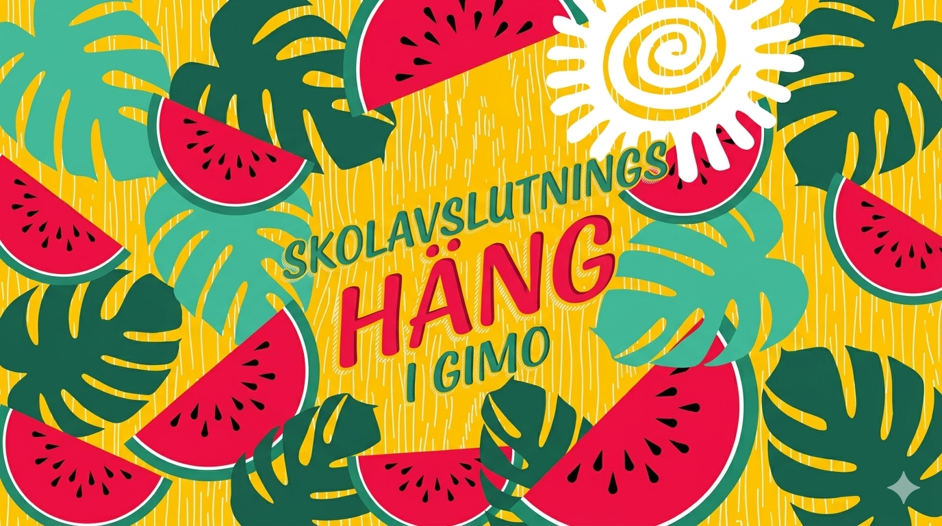 Somrig animerad bild på vattenmeloner och löv , i mitten står det "Skolavslutningshäng i Gimo".