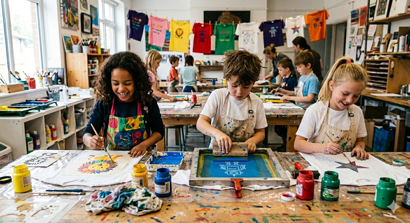 Bild på barn som skapar egna T-shirts i en workshop.