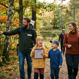 Bild på en familj som går på en tipspromenad.