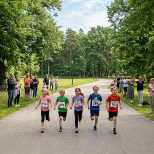 Bild på barn som springer i ett motionslopp i en park, man ser vuxna som hejar vid sidan.