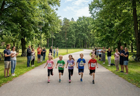 Bild på barn som springer i ett motionslopp i en park, man ser vuxna som hejar vid sidan.