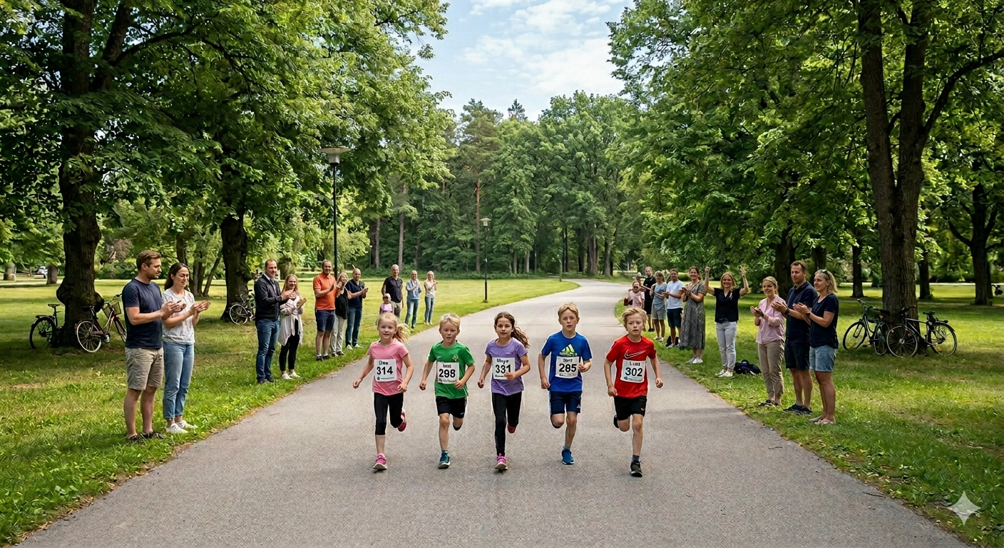 Bild på barn som springer i ett motionslopp i en park, man ser vuxna som hejar vid sidan.