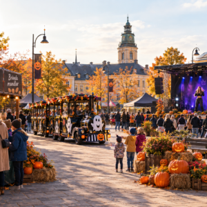 ett torg på hösten. festival och Halloween känsla. artisten Lia Larsson på en scen med publikhav framför. spöktåg