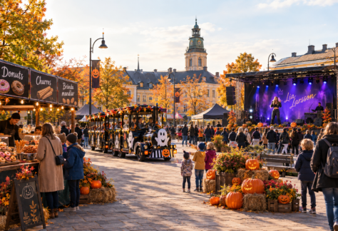 ett torg på hösten. festival och Halloween känsla. artisten Lia Larsson på en scen med publikhav framför. spöktåg
