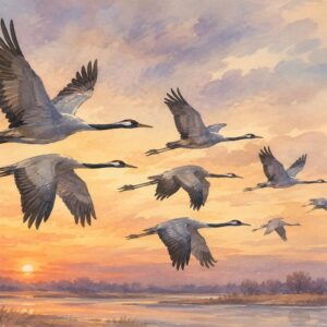 AI-genererad akvarell av tranor som flyger i flock.