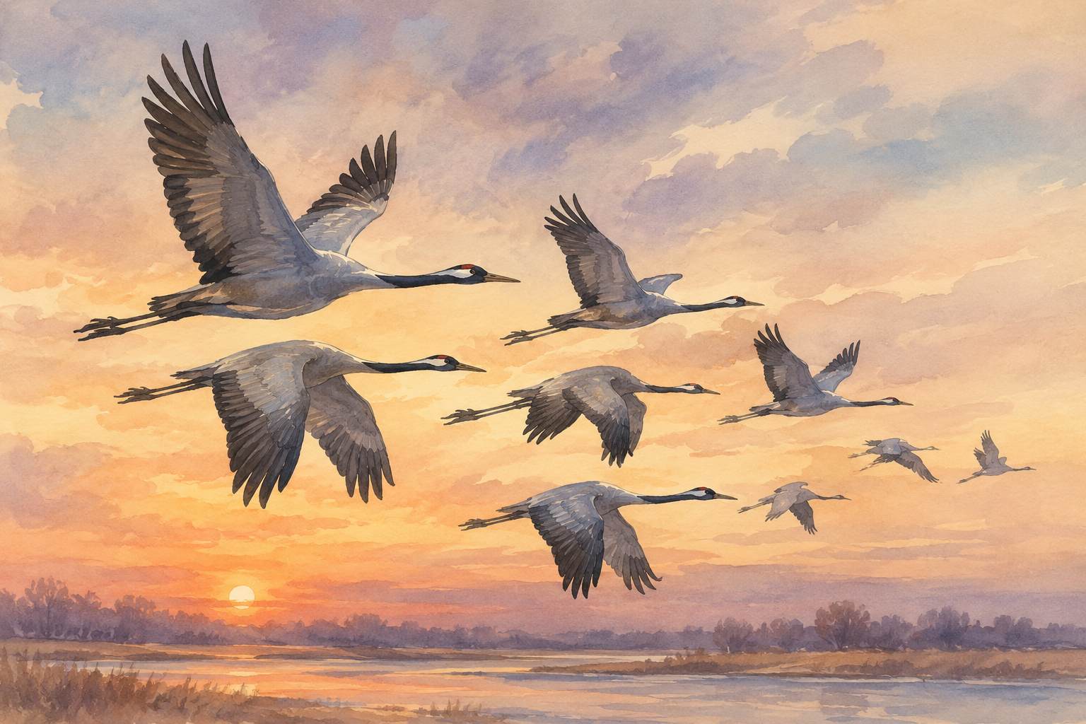 AI-genererad akvarell av tranor som flyger i flock.