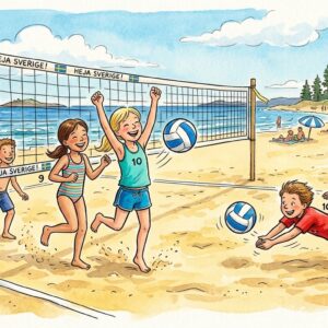 Tecknad bild på barn som spelar beachvolleyboll.