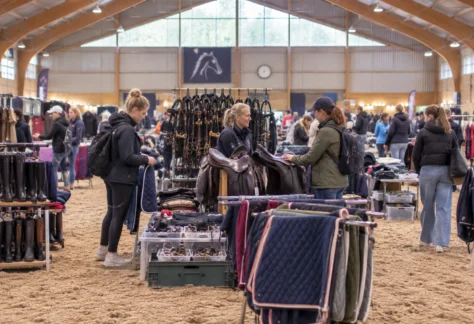 bild inifrån ett ridhus med flera loppisbord. Allt är häst, ryttare eller stallutrustning