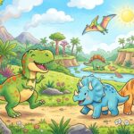 En animerad bild på flera dinosaurier som ler och står ute i naturen en solig dag.