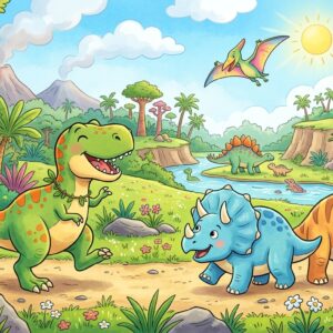 En animerad bild på flera dinosaurier som ler och står ute i naturen en solig dag.